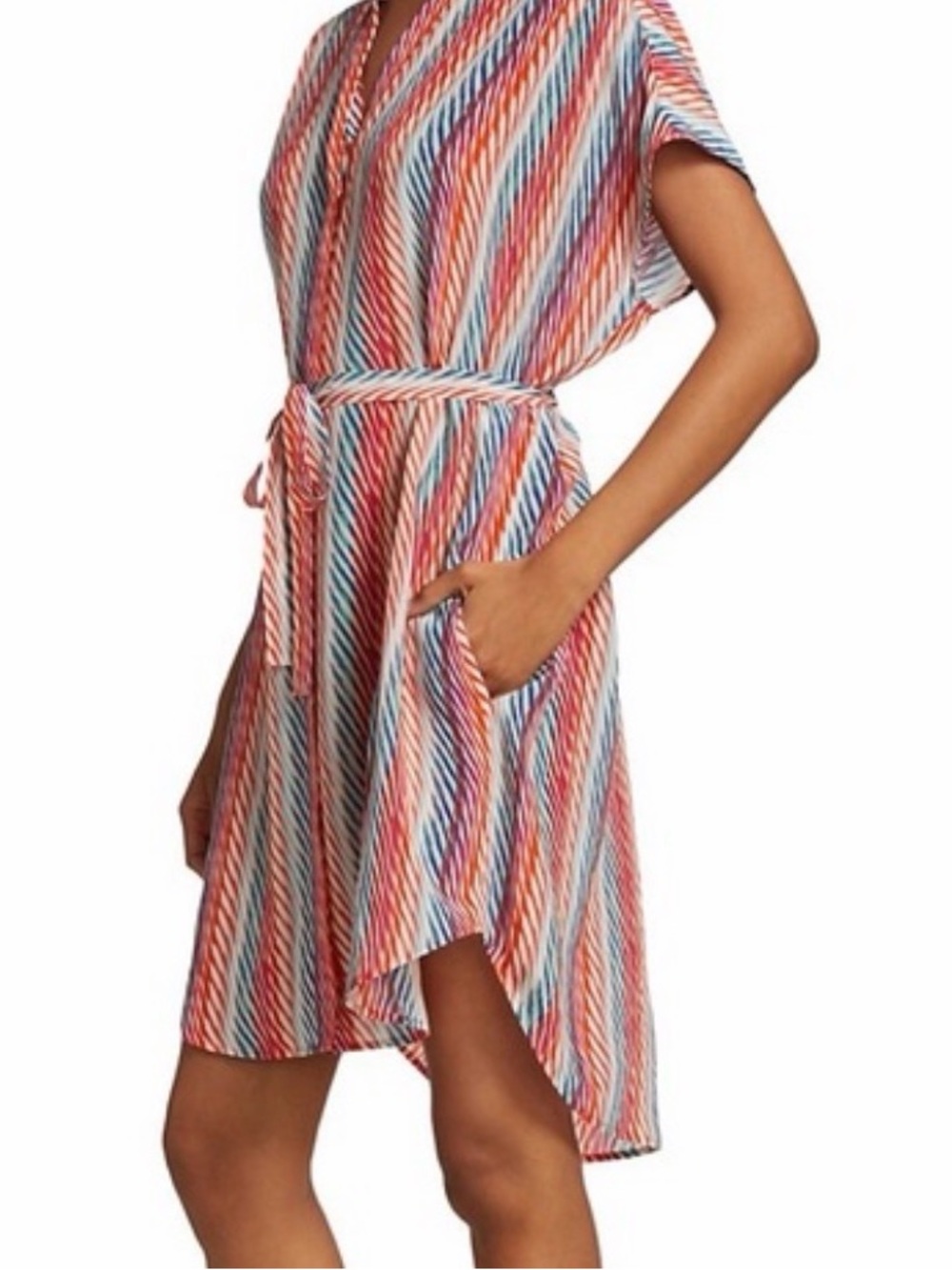 SALONI Red, Blue & Orange Striped Midi Dress with Self-Tie Waist